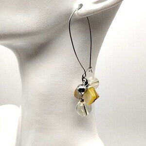Artisan Clear Glass Bead & MOP Shell Cluster Dangle Earrings with Latch Wires